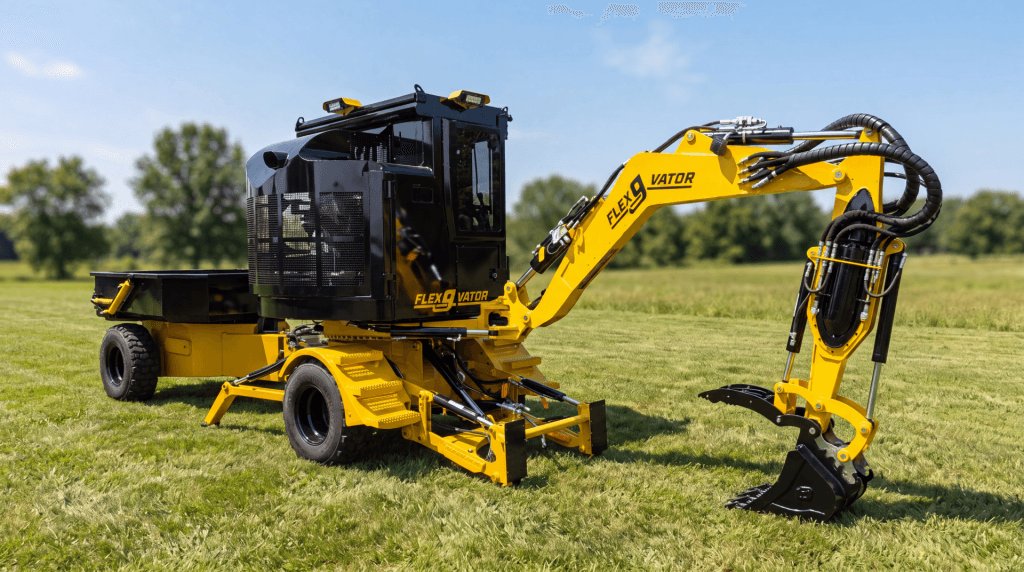 FlexGvator wheeled excavator with articulated arm and grapple bucket attachment — custom fabricated equipment in Liberty, KY. Inventing new equipment